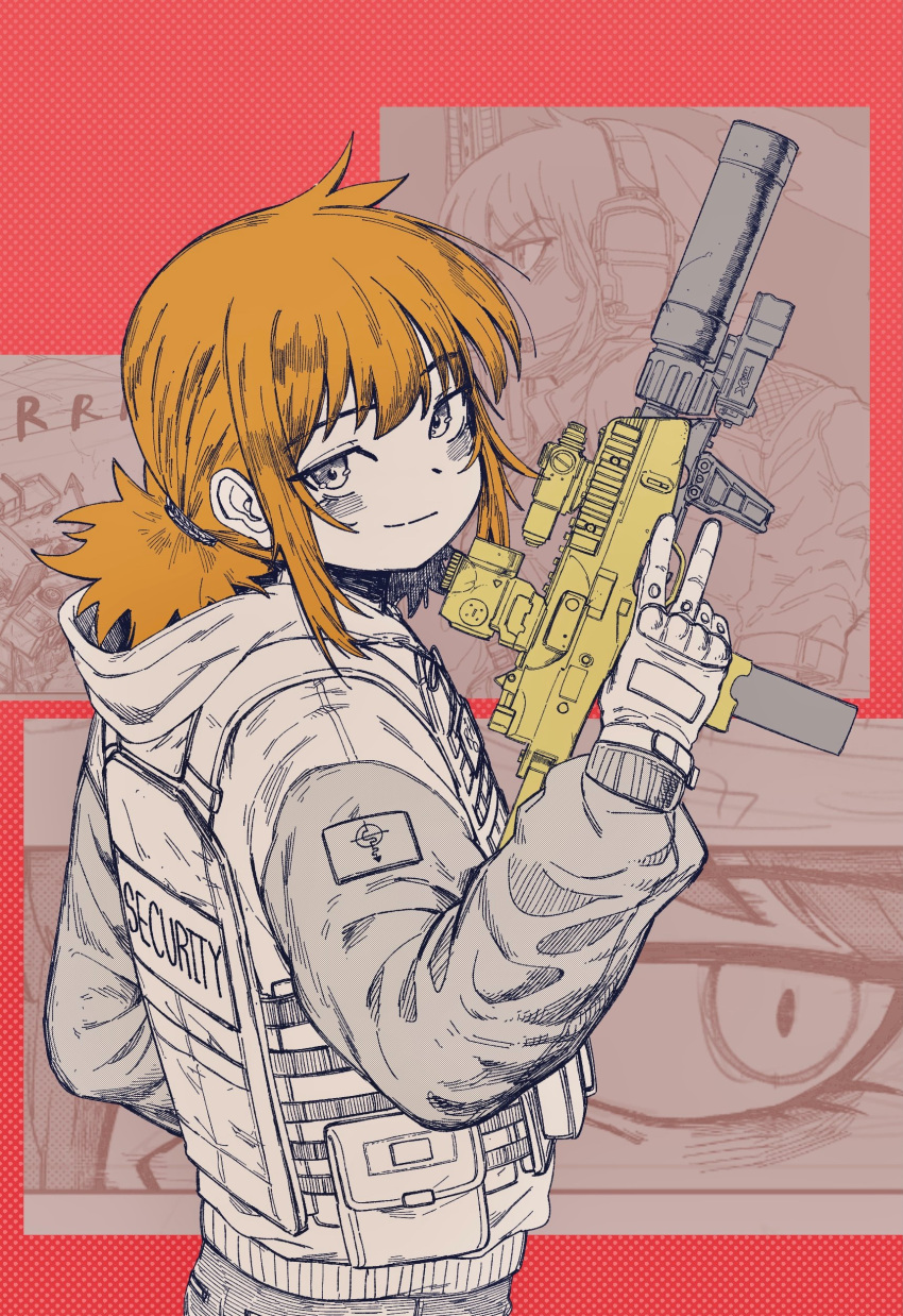 1girl, absurdres, b&amp;t_mp9, brown_hair, closed_mouth, commentary, from_side, gun