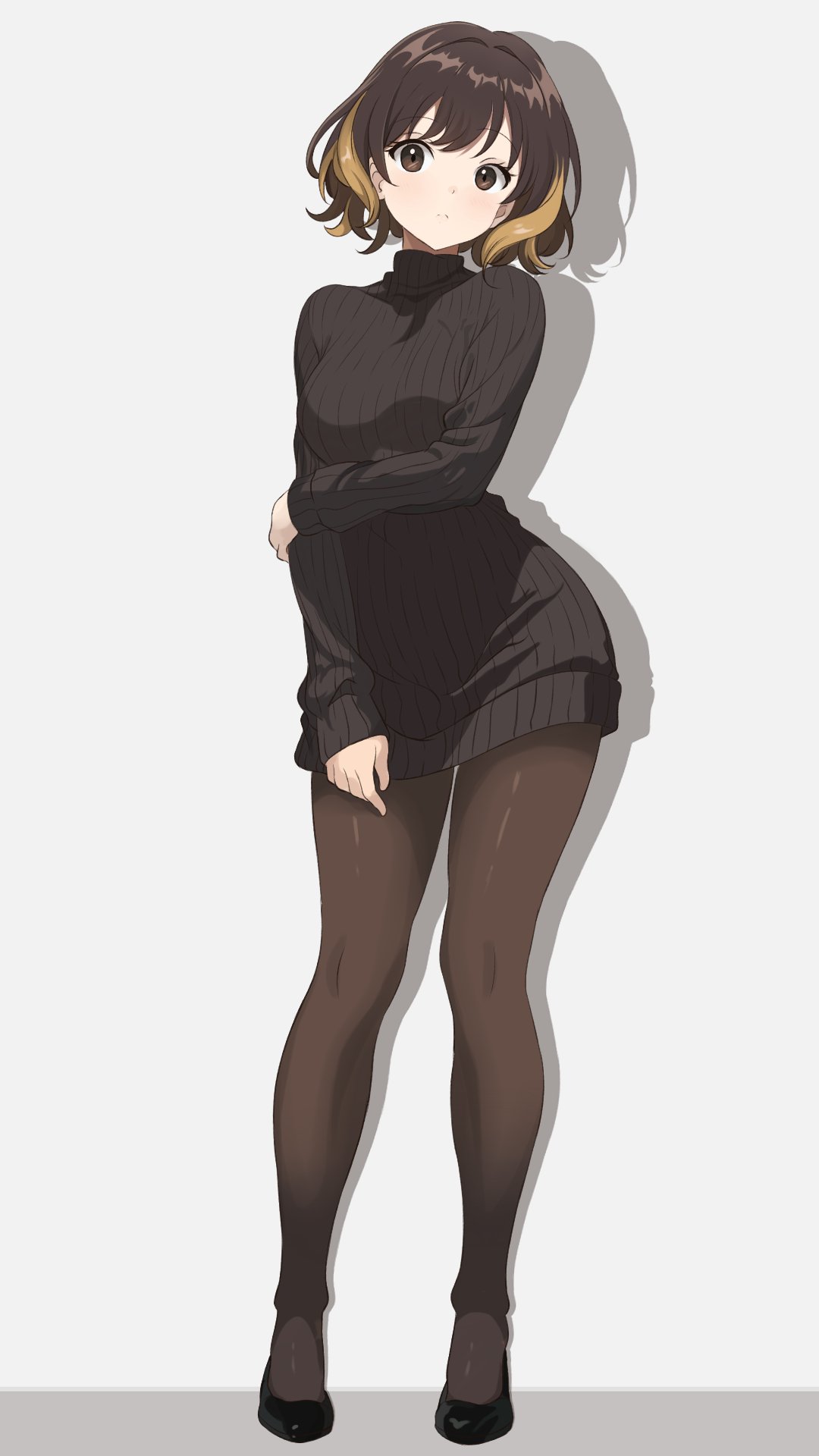 1girl, black_footwear, black_sweater, breasts, brown_eyes, brown_hair, chocomiru, dress, full_body, grabbing_own_arm, highres, light_brown_hair, looking_at_viewer, medium_breasts, multicolored_hair, original, pantyhose, ribbed_sweater, shadow, short_dress, short_hair, solo, streaked_hair, sweater, sweater_dress, two-tone_hair, white_background