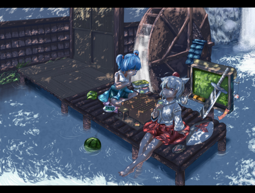 animal_ears, barefoot, blue_eyes, blue_hair, board_game, detached_sleeves, drinking, feet_in_water, food, fruit, go, hair_bobbles, hair_ornament, hat, hat_removed, headwear_removed, inubashiri_momiji, kabu_(yuyuibob), kawashiro_nitori, letterboxed, multiple_girls, playing_games, red_eyes, shade, short_hair, silver_hair, soaking_feet, straw, sword, tokin_hat, touhou, twintails, wallpaper, water, water_wheel, waterfall, watermelon, weapon, wind_chime, wolf_ears, yuyuibob