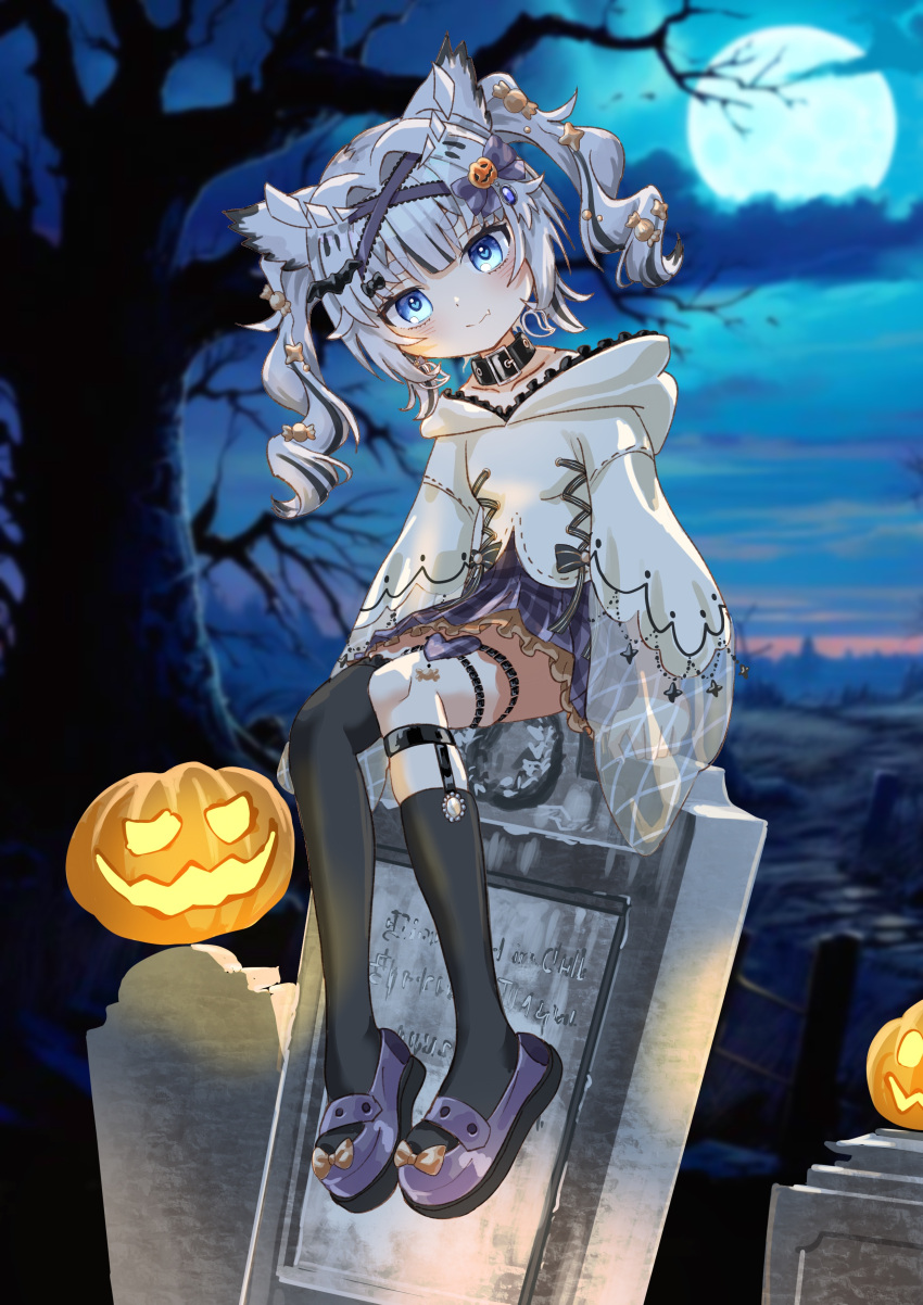 absurdres, bow, choker, commission, full_moon, graveyard, hair_bow, hair_ornament
