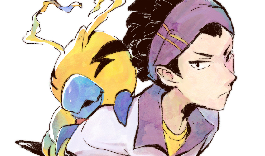 1boy, 1other, antennae, bandana, beak, black_eyes, black_hair, caterpillar
