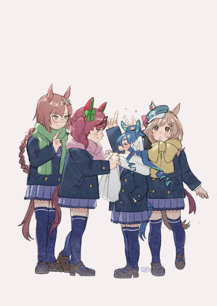 4girls, :o, absurdres, ahoge, animal_ears, blue_hair, bow, braid