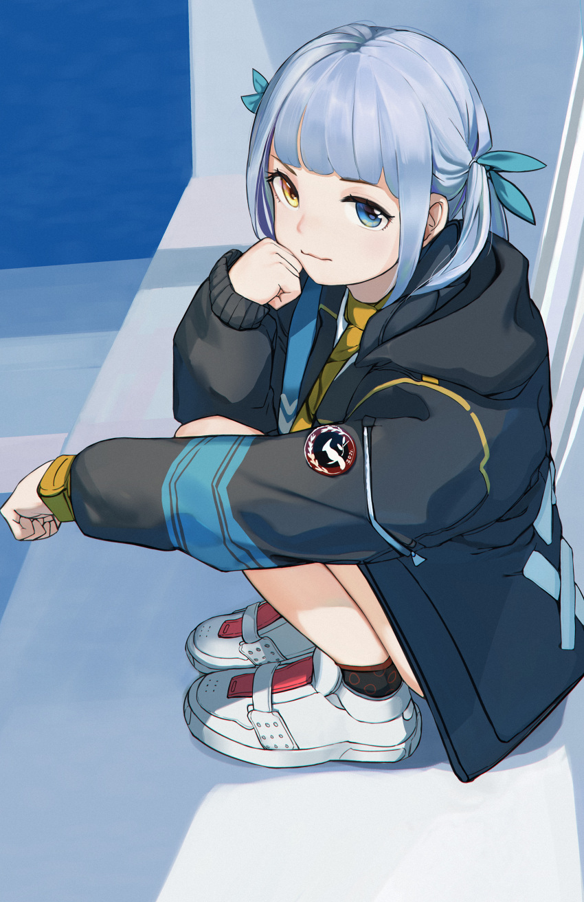 1girl, absurdres, agwing86, black_jacket, black_socks, blue_eyes, closed_mouth, heterochromia