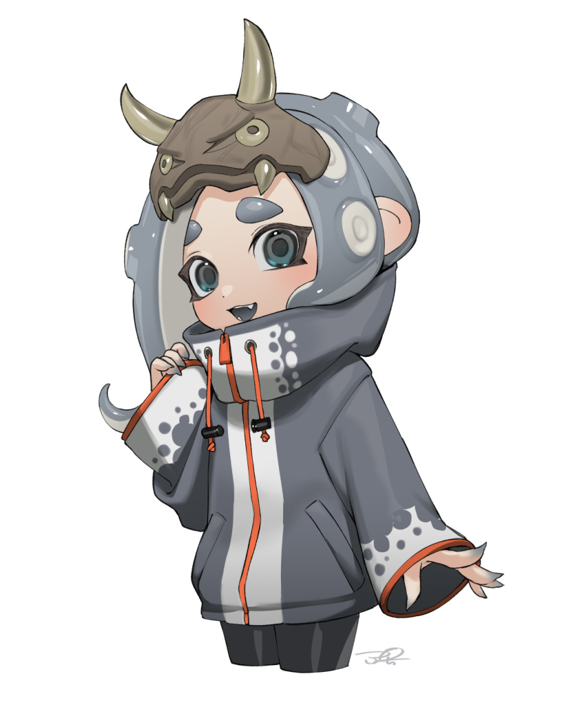 1girl, big_man_(splatoon), big_man_(splatoon)_(cosplay), black_leggings, commentary_request, cosplay, grey_eyes, grey_hair