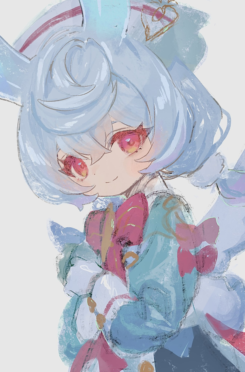 1girl, animal_ears, blue_hair, blush, bow, closed_mouth, dress, genshin_impact