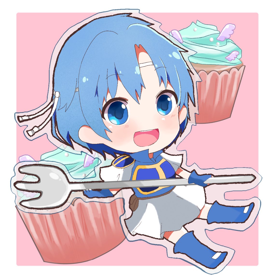 aqua_hair, armor, blue_eyes, breastplate, chibi, collared_shirt, cupcake, fire_emblem