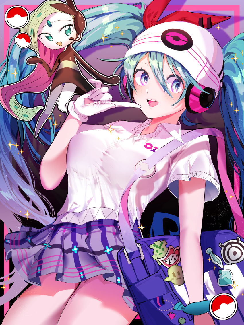 1girl, absurdres, aqua_eyes, aqua_hair, bag, beanie, collared_shirt, gloves, hair_through_headwear, hat, hatsune_miku, headphones, highres, looking_at_viewer, meloetta, meloetta_(aria), open_mouth, pleated_skirt, poke_ball, pokemon, pokemon_(creature), project_voltage, psychic_miku_(project_voltage), shirt, shoulder_bag, single_glove, skirt, suju0813, twintails, vocaloid, white_gloves, white_headwear, white_shirt