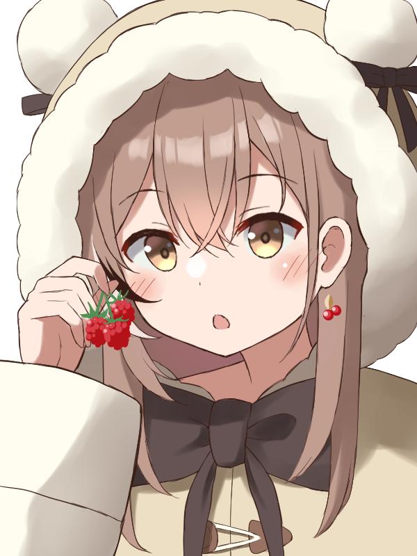 1girl, :o, animal_hood, bear_hood, berry, blush, brown_capelet, brown_eyes