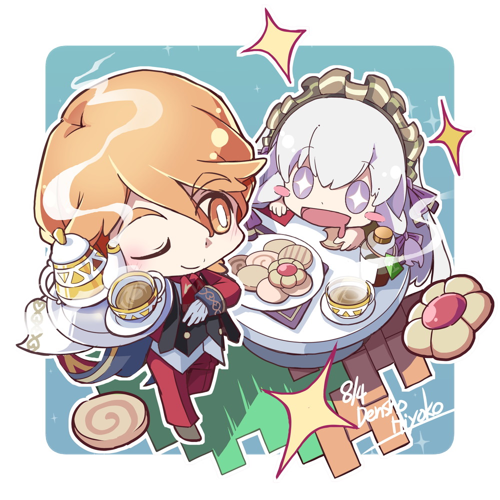chibi, cookie, cup, ferdinand_von_aegir, ferdinand_von_aegir_(tea_party), fire_emblem, fire_emblem_heroes, food