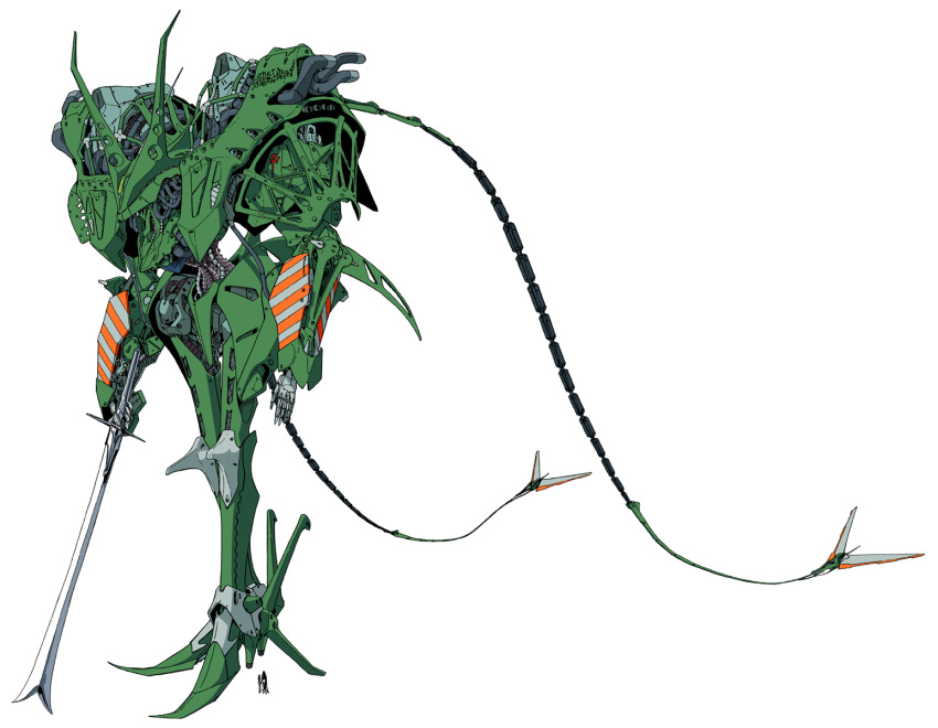 five_star_stories, green_armor, highres, holding, holding_sword, holding_weapon, jagd_mirage, jagd_mirage_green_left, mecha, mechanical_tentacles, mortar_headd, robot, shornsilk, simple_background, sword, weapon, white_background