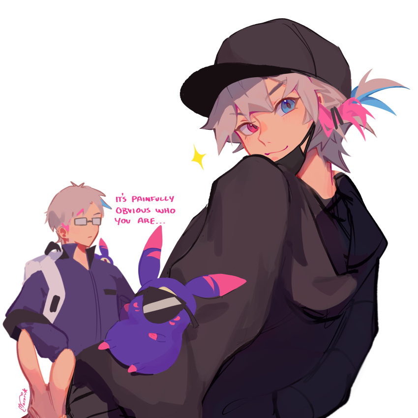 2boys, absurdres, artist_name, bettel_2_(gavis_bettel), black_headwear, black_hoodie, blue_eyes, blue_hair