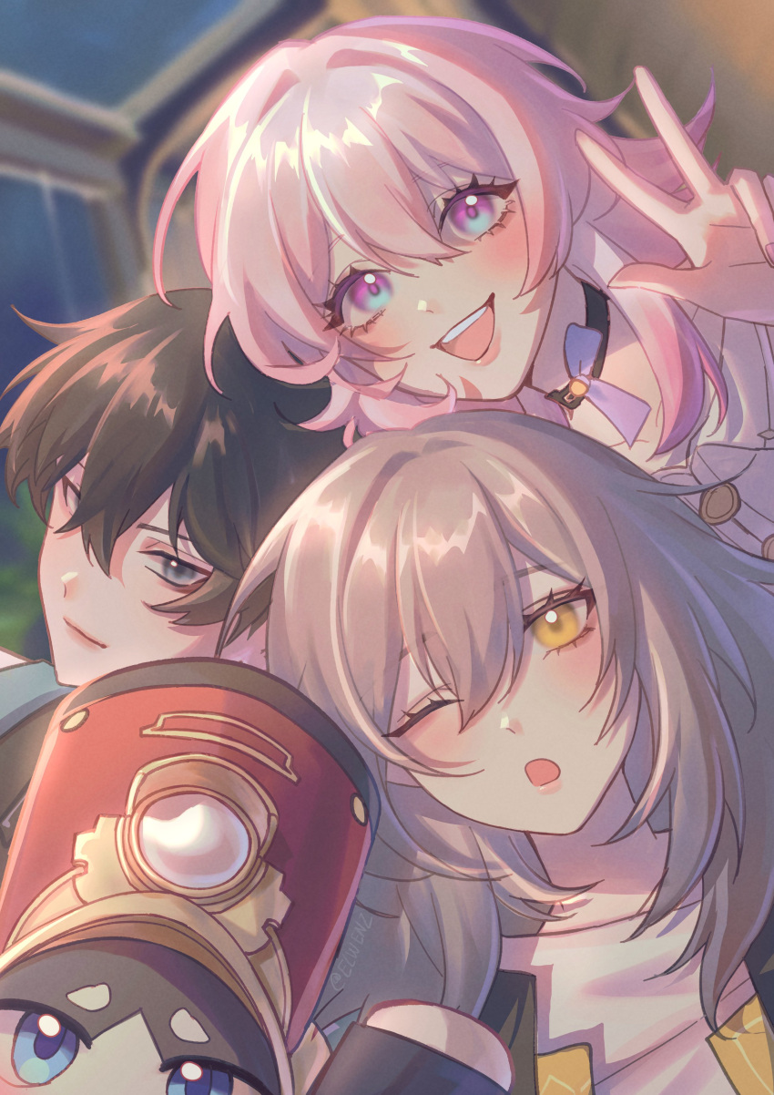 1boy, 1other, 2girls, absurdres, black_hair, blue_eyes, choker, closed_mouth