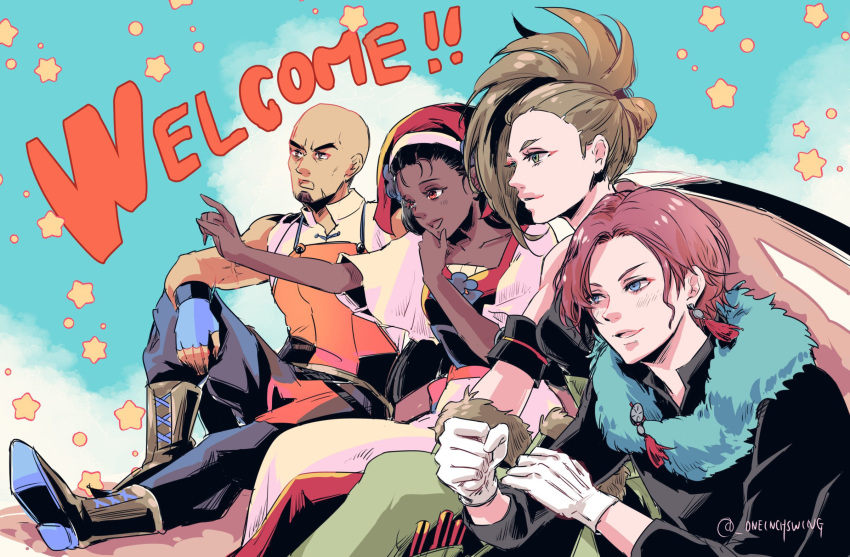 2boys, 2girls, anisse_(fire_emblem), bald, beard, black_hair, blue_eyes, brown_hair, calney_(fire_emblem), dark-skinned_female, dark_skin, durthon_(fire_emblem), facial_hair, facing_to_the_side, fire_emblem, fire_emblem_engage, highres, looking_to_the_side, multiple_boys, multiple_girls, pinet_(fire_emblem), umi_(_oneinchswing)