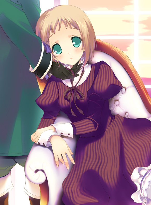 blonde_hair, green_eyes, hand_on_another's_cheek, hand_on_another's_face, hand_on_cheek, kugajou_takaya, liechtenstein_(hetalia), naruse_hirofumi, ribbon, short_hair, sitting, switzerland_(hetalia)