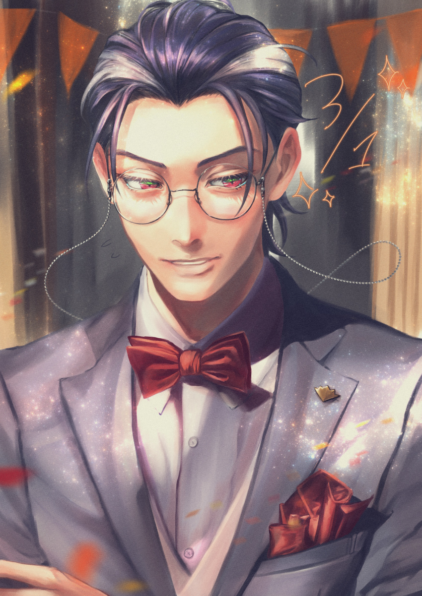 1boy, absurdres, bishounen, black_hair, bow, bowtie, breast_pocket, buttons