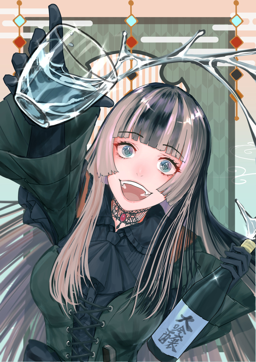1girl, absurdres, alcohol, azuma_(azmdraw), black_dress, black_gloves, black_hair, blue_eyes, blunt_bangs, bottle, choker, cup, dress, excited, eyelashes, facing_viewer, foreshortening, frilled_dress, frills, glass, gloves, grey_hair, highres, holding, holding_bottle, holding_cup, hololive, hololive_dev_is, juufuutei_raden, lace, lace_choker, long_hair, long_sleeves, looking_at_viewer, multicolored_hair, open_mouth, ringed_eyes, solo, spilling, teeth, two-tone_hair, upper_body, upper_teeth_only, virtual_youtuber, wide-eyed