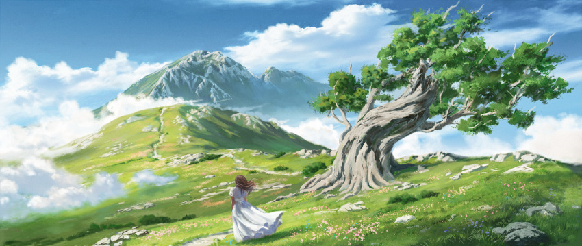 1girl, above_clouds, blue_sky, brown_hair, clouds, cloudy_sky, day, dress
