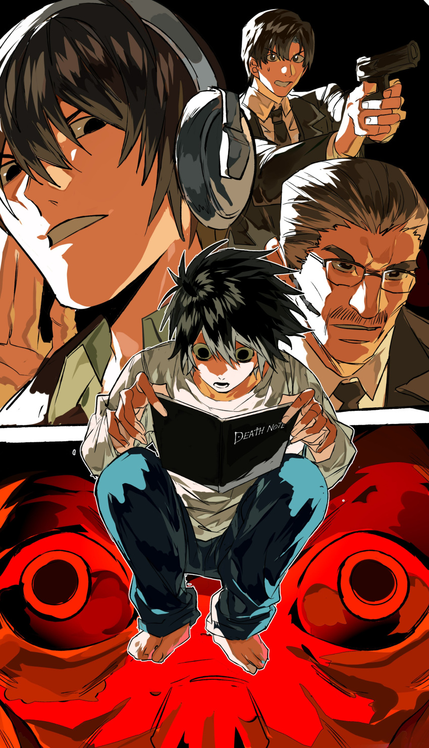 absurdres, barefoot, black_hair, death_note, death_note_(object), facial_hair, father_and_son, feet