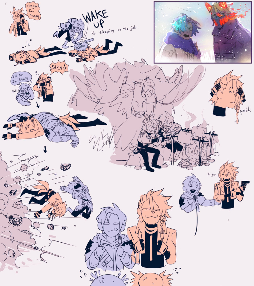 2w46713, antlers, axel_syrios, axelotl_(axel_syrios), banbaro, blue_hair, braid, campfire