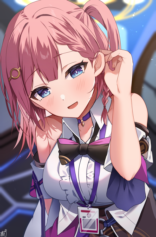1girl, adjusting_hair, asta_(honkai:_star_rail), bare_shoulders, black_bow, black_bowtie, blue_eyes, blurry