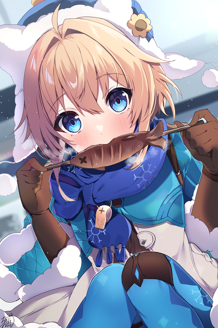 1girl, ahoge, beanie, biting, black_gloves, blonde_hair, blue_eyes, blue_pants