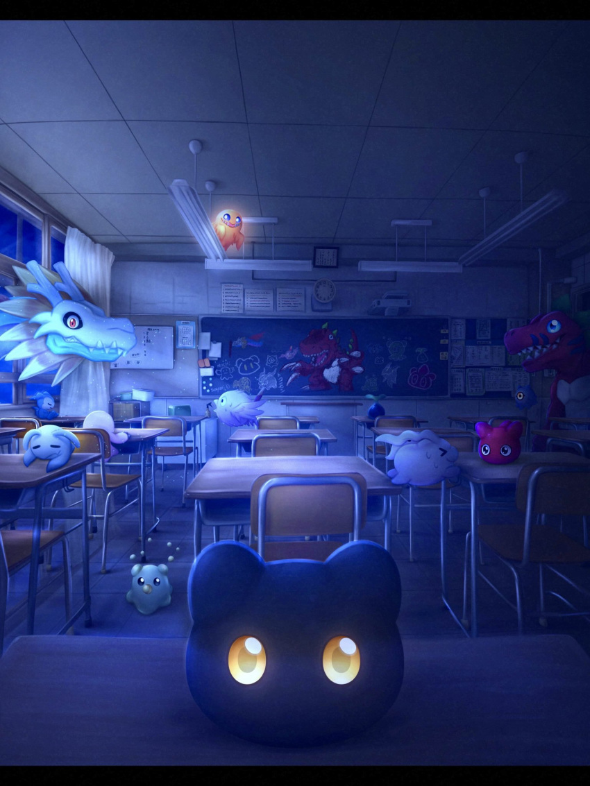 6+others, airdramon, blue_eyes, bubbmon, chalkboard, chibimon, classroom, closed_eyes