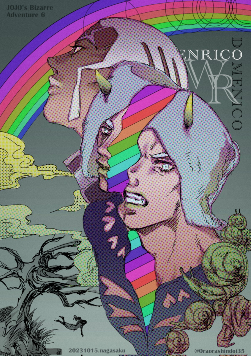 2boys, abstract_background, bare_tree, buzz_cut, clenched_teeth, cropped_torso, dark-skinned_male, dark_skin, enrico_pucci, expressionless, frown, hair_tattoo, highres, jojo_no_kimyou_na_bouken, looking_ahead, multiple_boys, oraorashindoi35, rainbow, rainbow_gradient, short_hair, snail, split_head, split_theme, stone_ocean, symbolism, teeth, thick_eyebrows, thick_lips, tree, very_short_hair, weather_report, white_hair