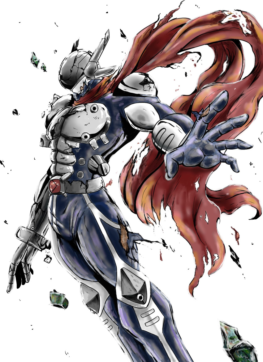 1boy, armor, belt, blue_bodysuit, bodysuit, cape, damaged, debris, digimon, digimon_(creature), helmet, highres, justimon, male_focus, red_cape, sawa_d, scarf, simple_background, solo, torn_cape, torn_clothes, white_background