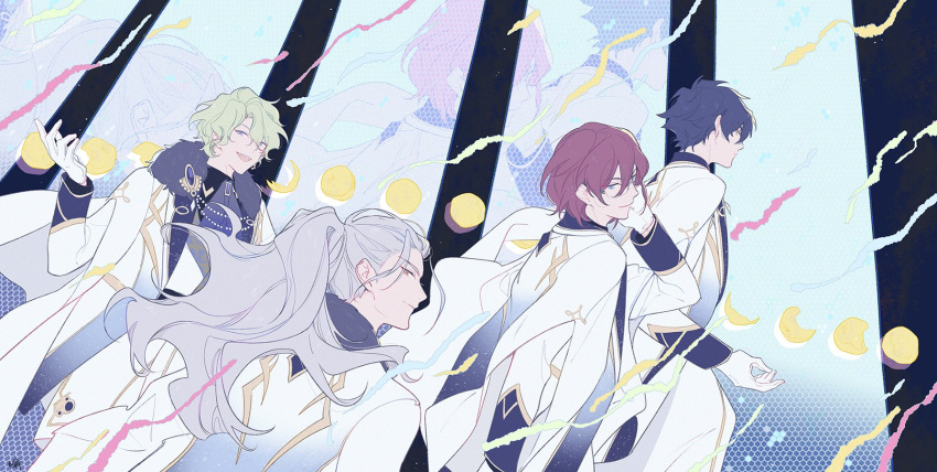 4boys, :d, black_hair, blue_eyes, blue_shirt, brooch, cape, closed_mouth