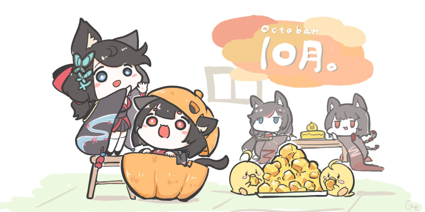 4girls, animal_ears, azur_lane, black_hair, blue_butterfly, blue_eyes, bug, butterfly