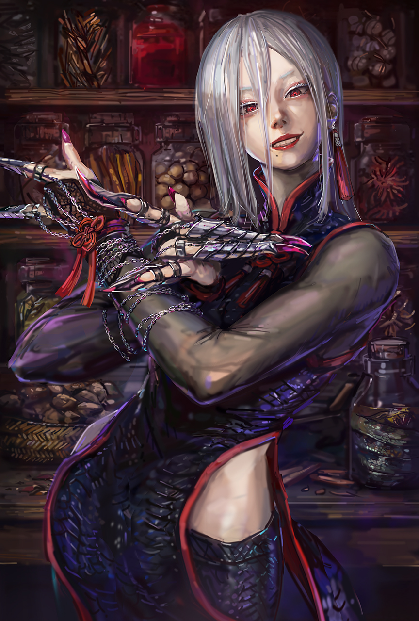 a.k.i._(street_fighter), capcom, chain, claws, herb, high_collar, highres, holding
