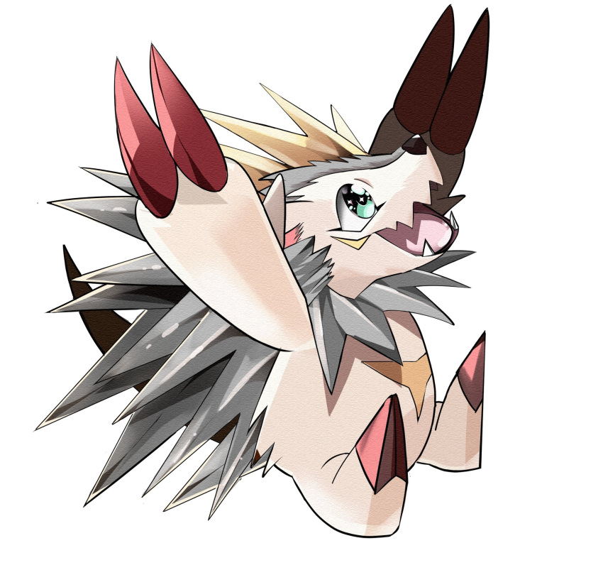 1other, daria08145, digimon, digimon_(creature), from_side, full_body, green_eyes, happy, herissmon, highres, no_humans, open_mouth, sharp_teeth, simple_background, smile, solo, teeth, white_background