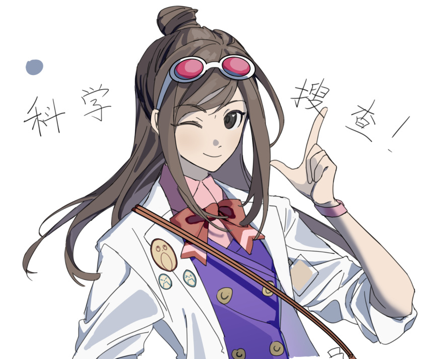 1girl, ;), ace_attorney, arm_at_side, blue_vest, bow, bowtie, brown_hair