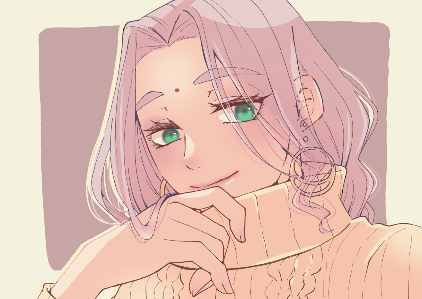 1boy, ace_attorney, border, braid, cable_knit, closed_mouth, collared_sweater, earrings, ears_visible_through_hair, eyes_visible_through_hair, facial_mark, forehead_mark, green_eyes, grey_background, hair_intakes, hand_up, highres, jewelry, kuranne, looking_at_viewer, male_focus, nahyuta_sahdmadhi, outside_border, phoenix_wright:_ace_attorney_-_spirit_of_justice, portrait, sidelocks, simple_background, smile, solo, sweater, thick_eyebrows, wavy_hair, white_border, yellow_sweater