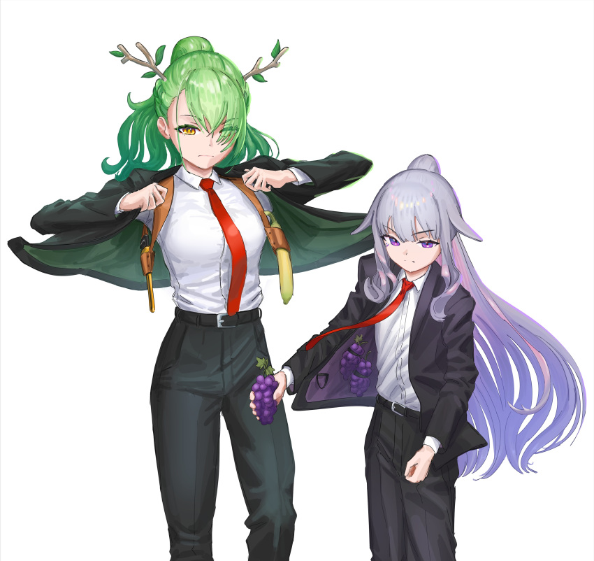 2girls, absurdres, antlers, banana, black_jacket, black_pants, black_suit, business_suit