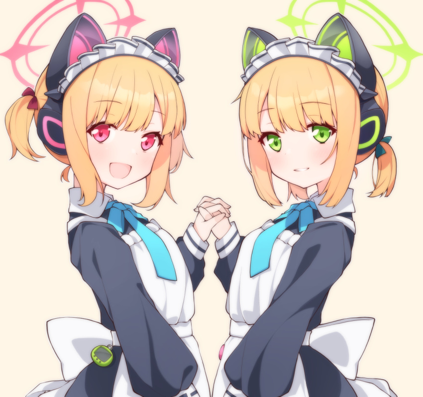 2girls, animal_ear_headphones, animal_ears, apron, black_dress, blonde_hair, blue_archive, blue_necktie