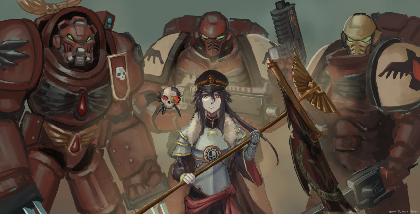 1girl, 3boys, absurdres, adeptus_astartes, armor, black_eyes, black_hair, blood_ravens