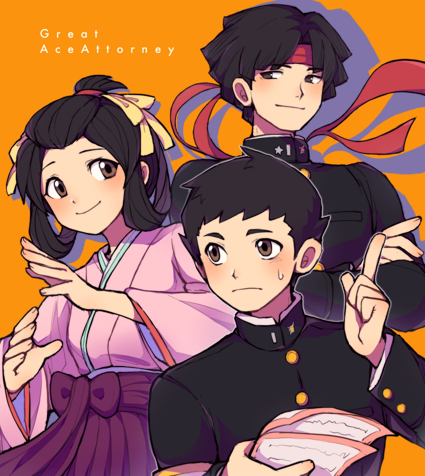1girl, 2boys, ace_attorney, armband, bangs_pinned_back, black_eyes, black_hair, black_jacket