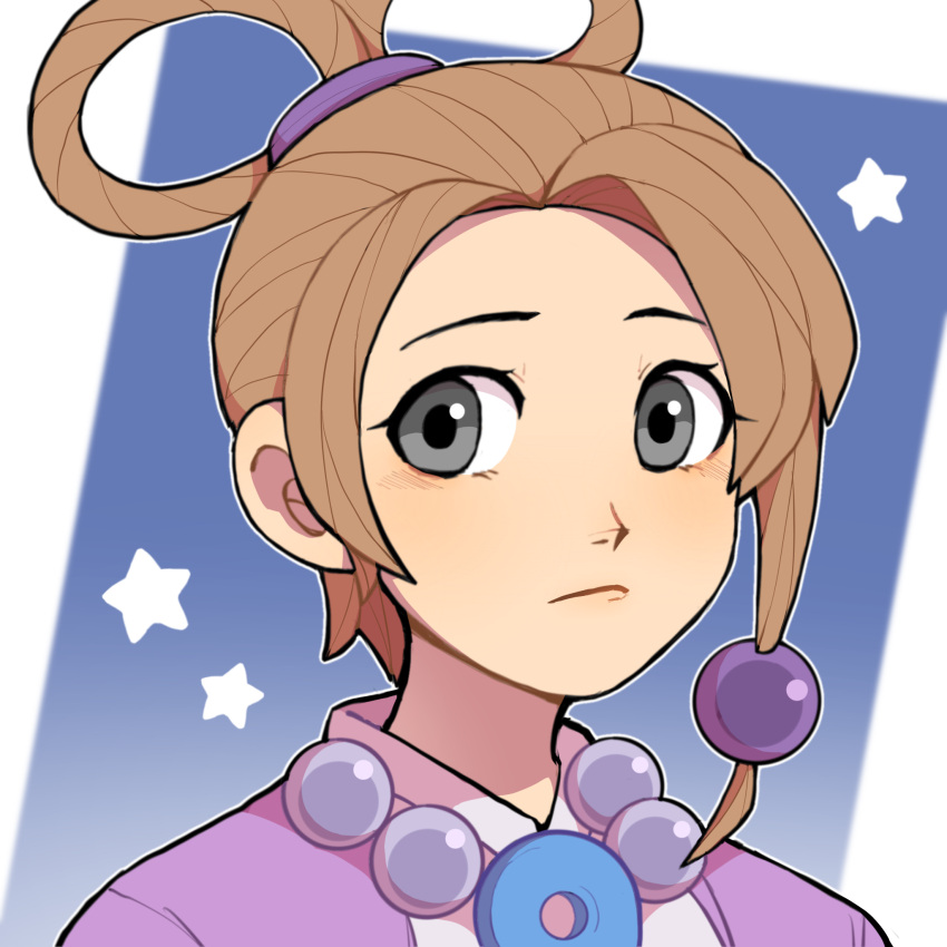 1girl, ace_attorney, bead_necklace, beads, blue_background, brown_hair, closed_mouth, grey_eyes