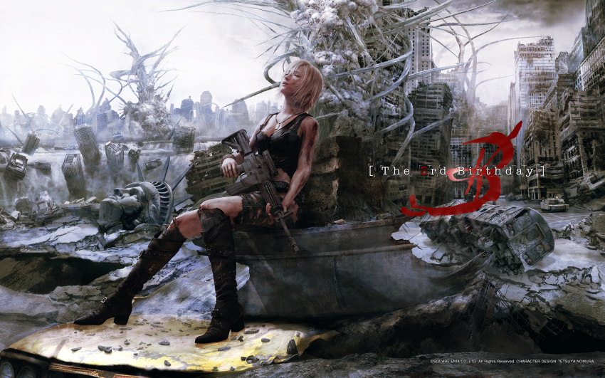 assault_rifle, aya_brea, bare_shoulders, belt, blonde_hair, blood, boots, bracelet