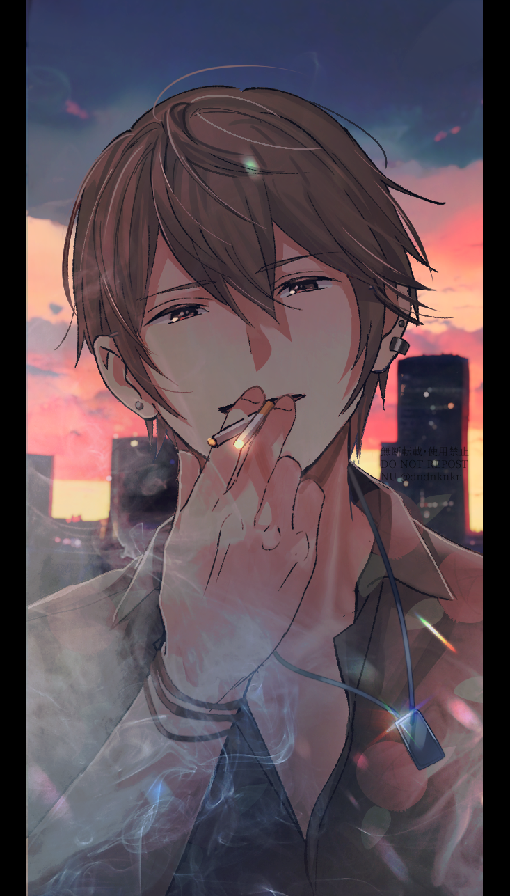 1boy, backlighting, blue_sky, brown_eyes, brown_jacket, brown_shirt, cigarette, cityscape