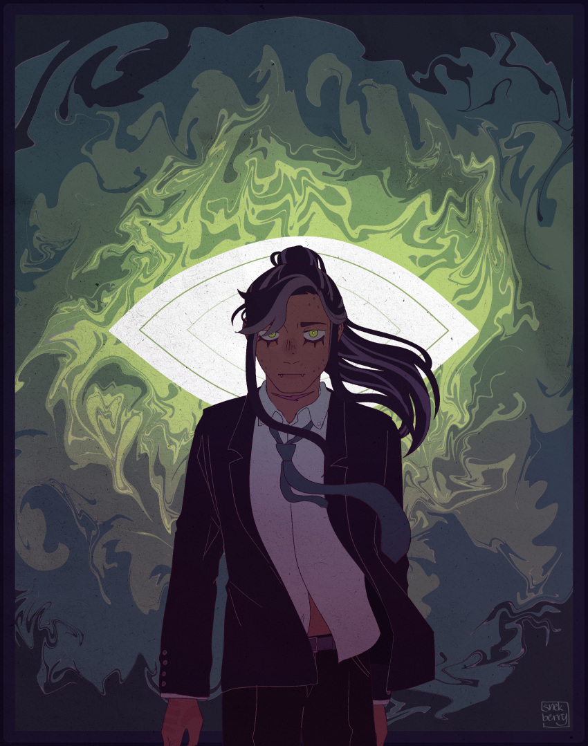 1boy, absurdres, artist_name, black_hair, black_pants, black_suit, blue_necktie, cowboy_shot, dark_skin, eyeball, green_eyes, highres, jonathan_sims, long_hair, looking_at_viewer, male_focus, necktie, pants, purple_hair, scar, scar_on_neck, shirt, snekberry, solo, standing, suit, the_magnus_archives, white_shirt, wind