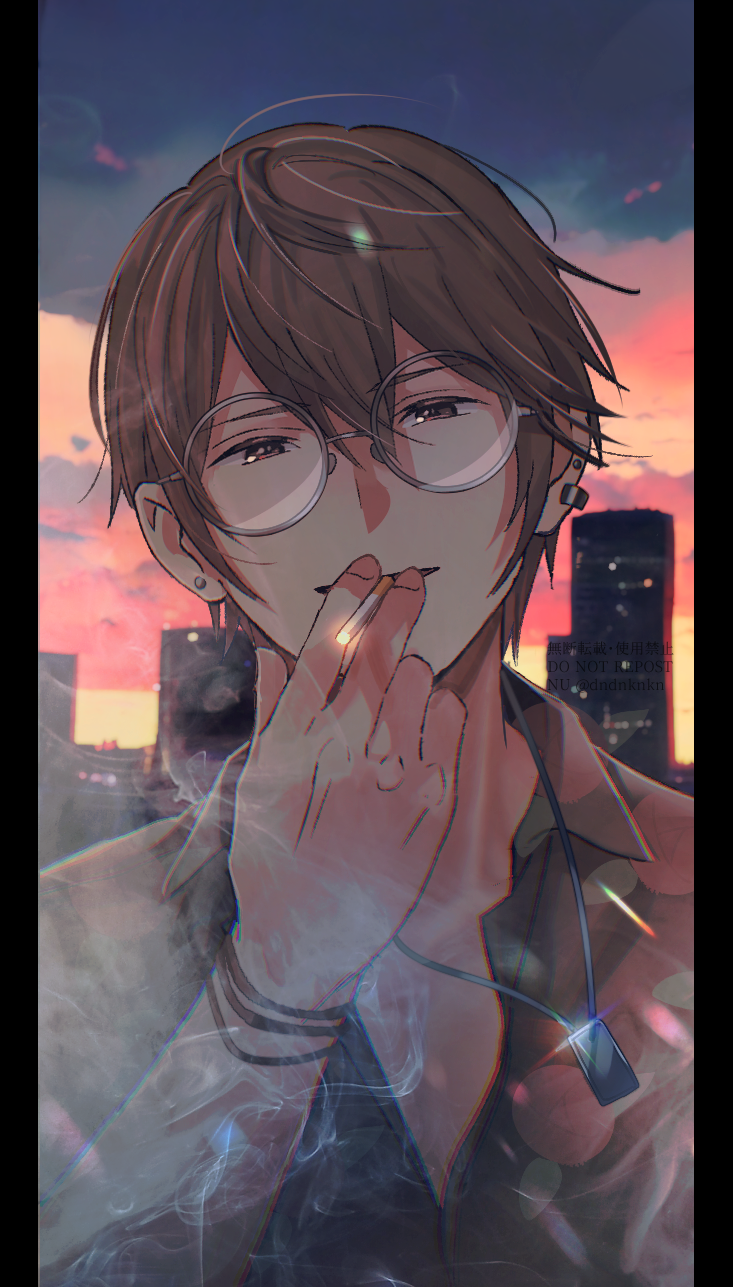 1boy, backlighting, blue_sky, brown_eyes, brown_jacket, brown_shirt, cigarette, cityscape