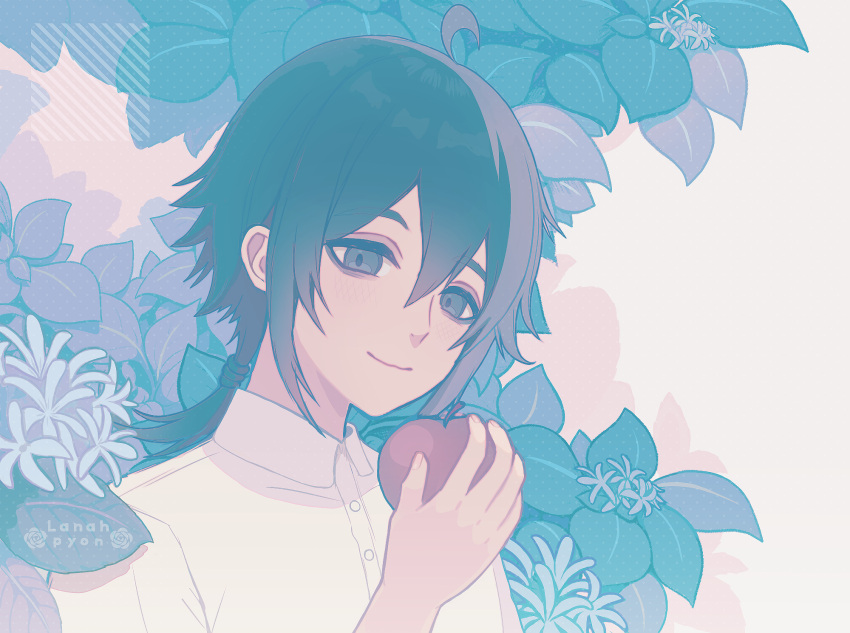1boy, artist_name, black_hair, club_suicide, food, fruit, hair_between_eyes, highres
