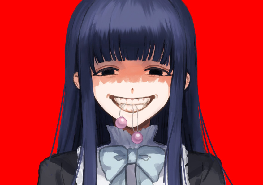 1girl, black_eyes, black_shirt, blunt_bangs, clenched_teeth, dress, empty_eyes, evil_smile