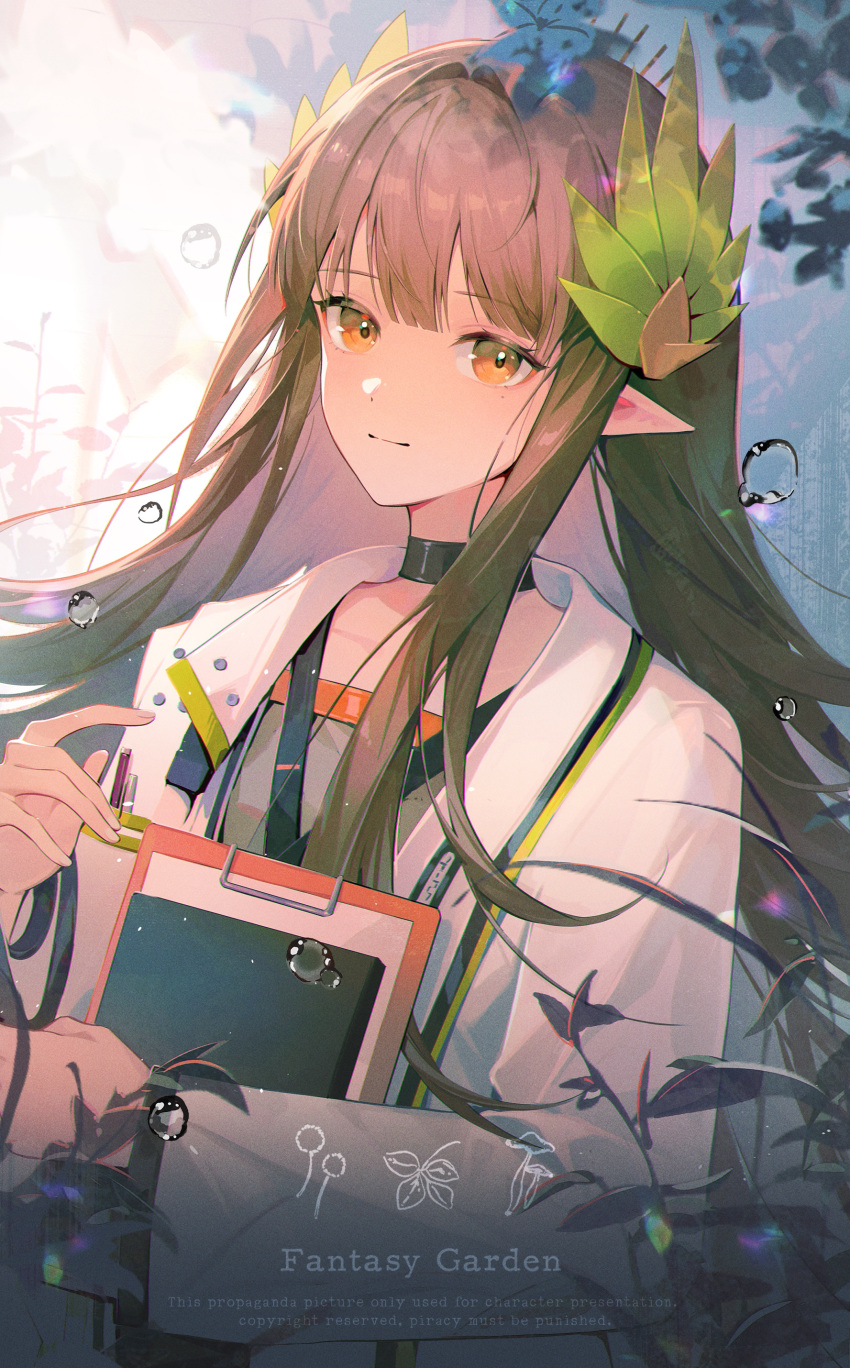 1girl, absurdres, arknights, brown_eyes, brown_hair, clipboard, elf, hair_ornament