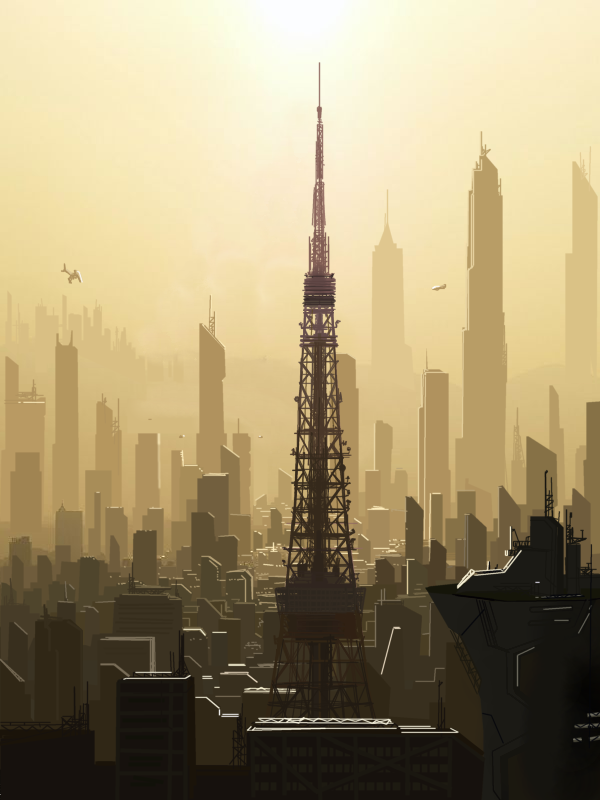 building, city, cityscape, midorimushi-kai, monochrome, scenery, science_fiction, sepia