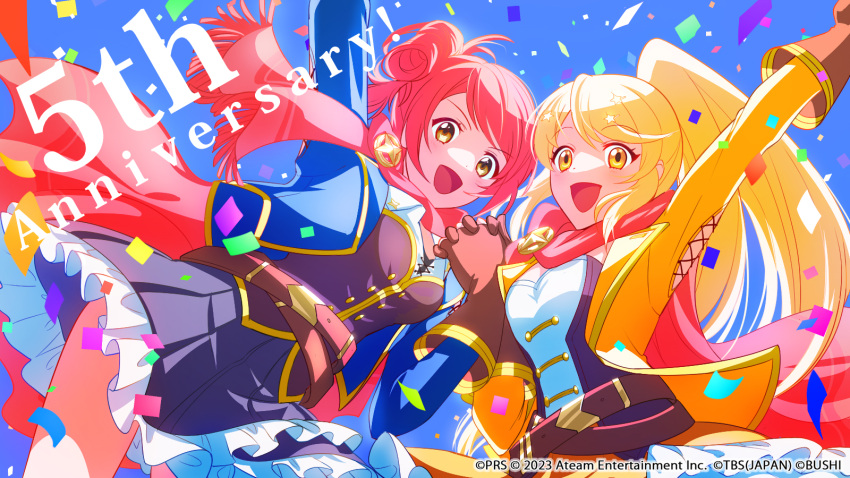 2girls, :d, anniversary, arm_cutout, arm_up, ascot, belt, belt_buckle