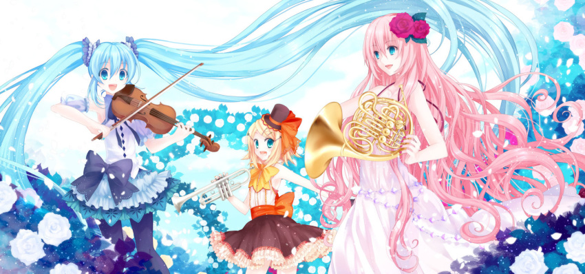 aqua_eyes, aqua_hair, blonde_hair, bowtie, dress, flower, french_horn, hair_flower