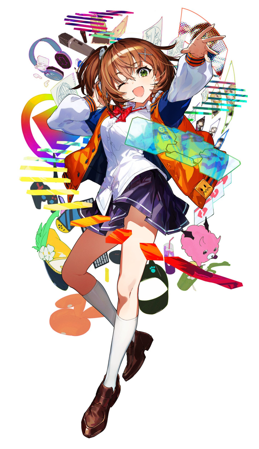1girl, ;d, absurdres, baseball_cap, black_eyes, blue_skirt, blush, bow